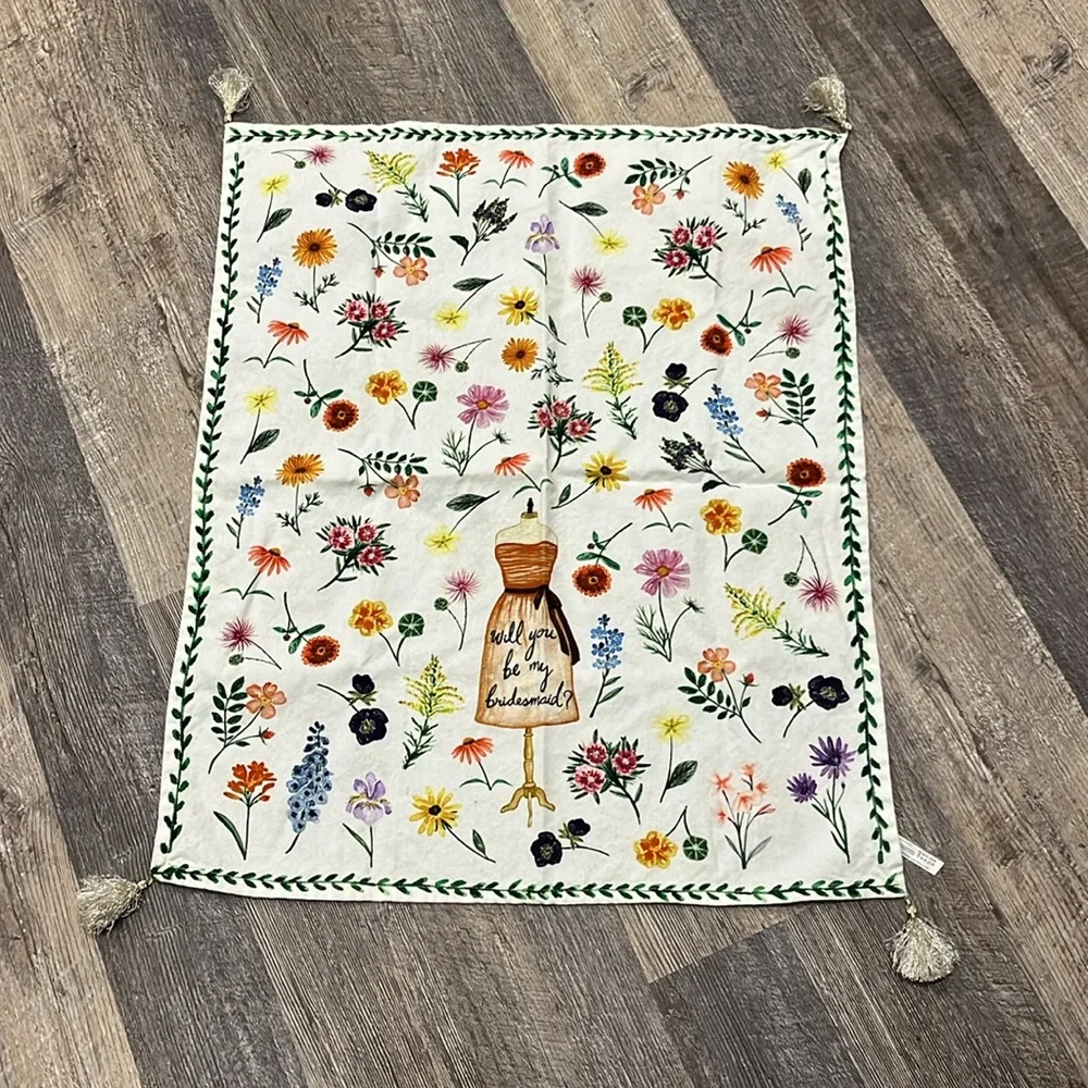 Anthropologie Floral Tea Towel Cotton  Gold Tassels